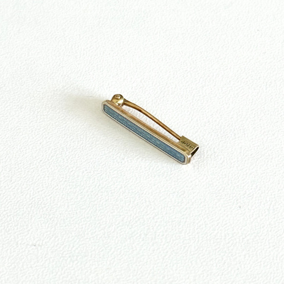 Antique 14K Yellow Gold Blue Guilloche Enamel Detail Small Petite Bar Brooch Pin - Picture 4 of 13